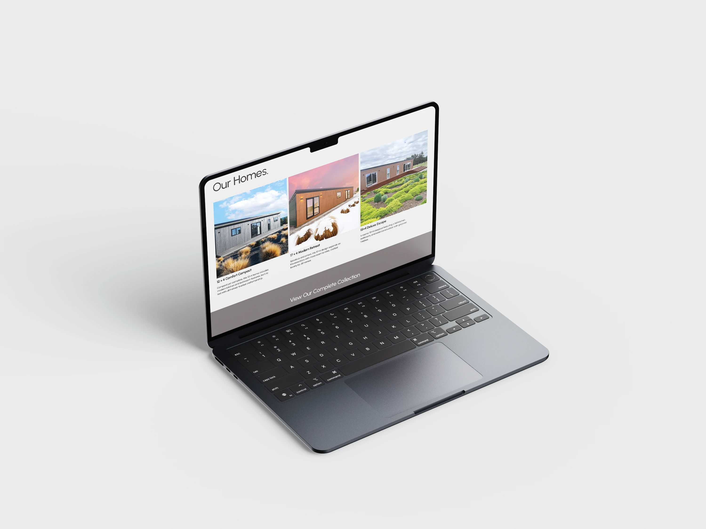 JB Homes website shown on MacBook displaying the Our Homes page for tiny home builds