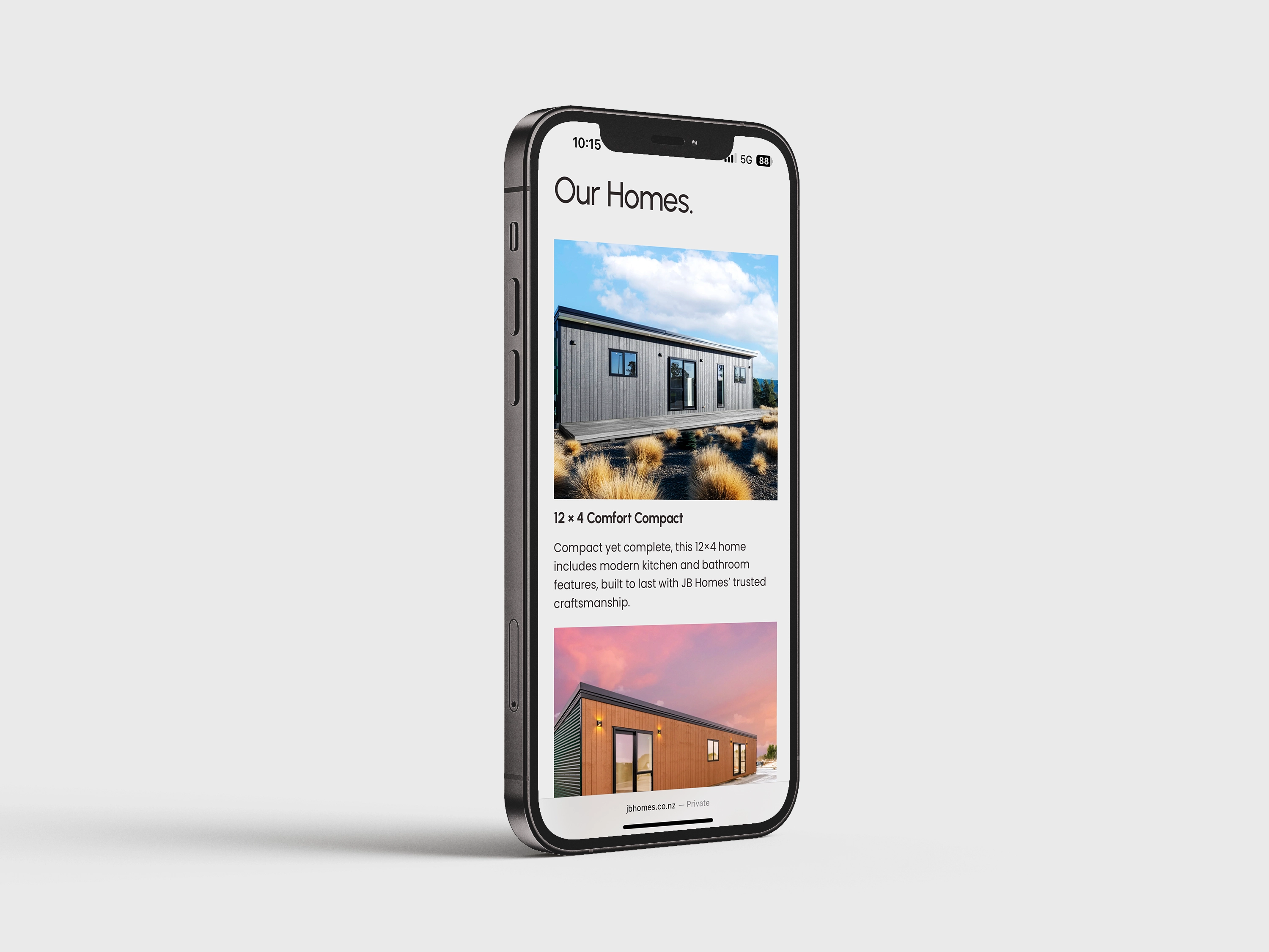JB Homes “Our Homes” collection page on mobile showing a range of transportable tiny homes