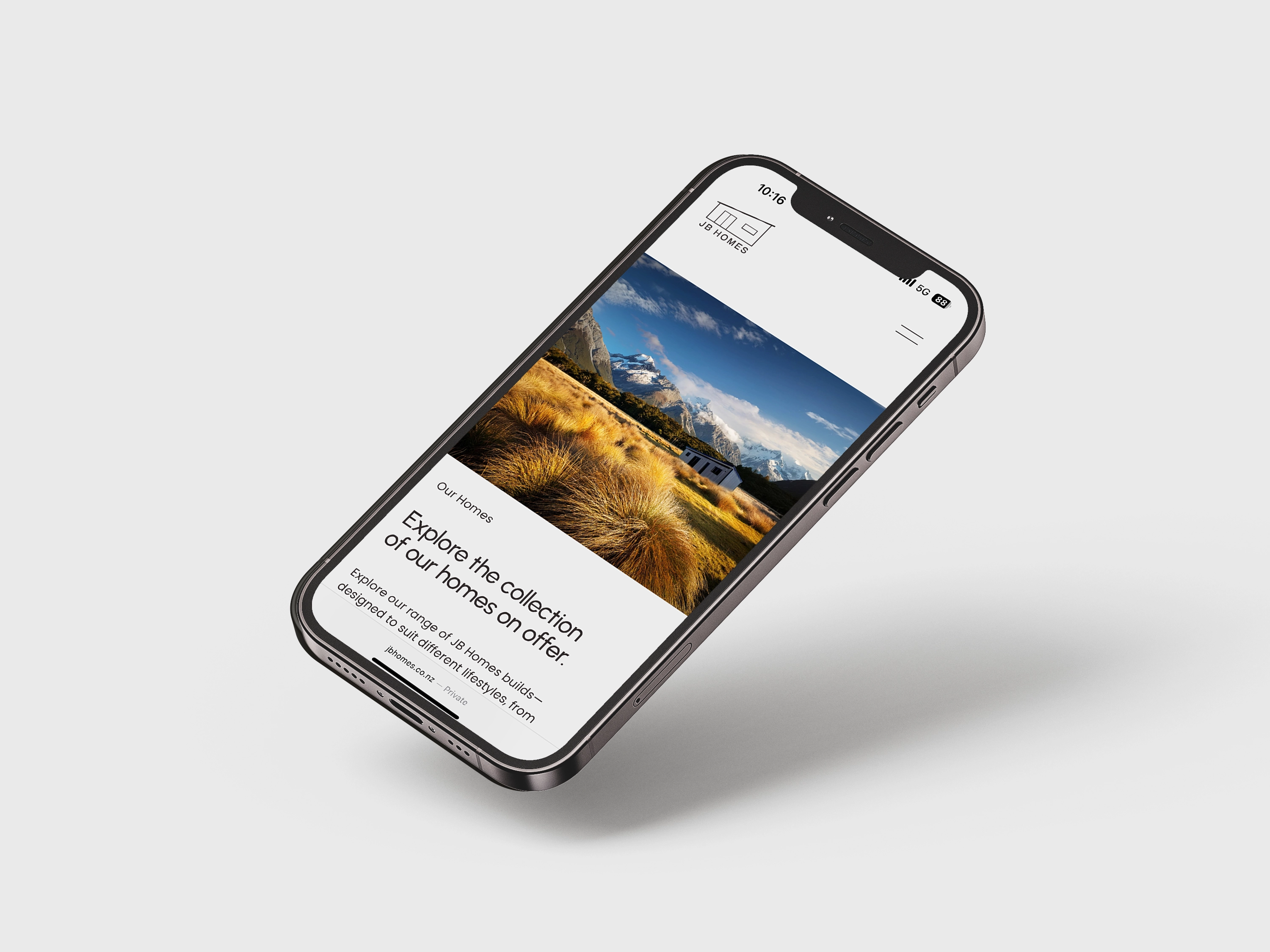 JB Homes website displayed on iPhone showcasing tiny home designs and layouts