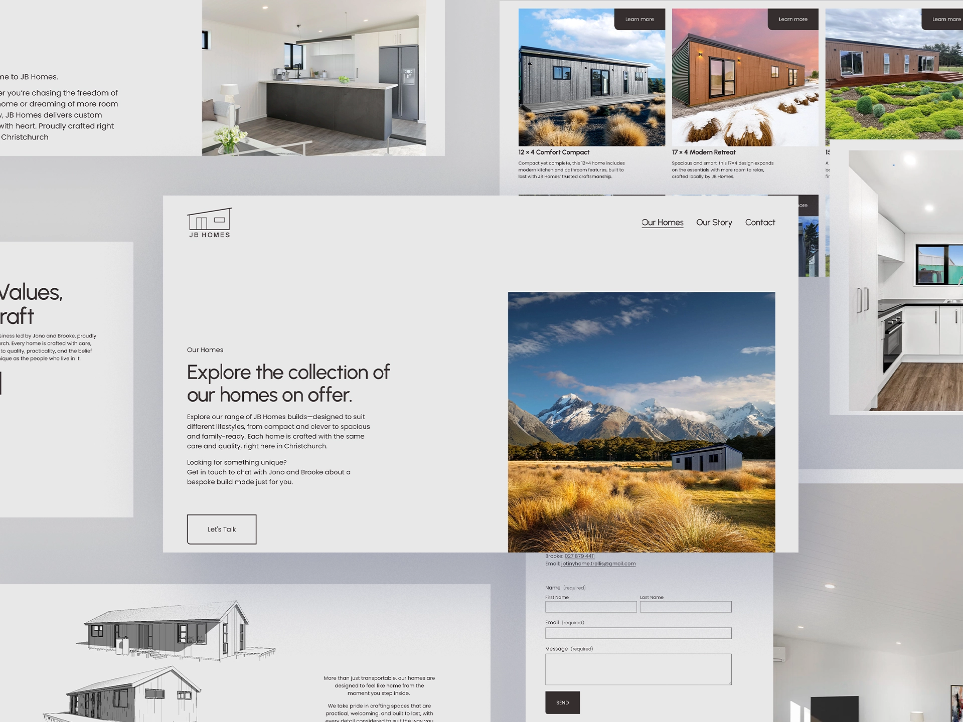 Flat lay of JB Homes website page layouts highlighting clean design and navigation