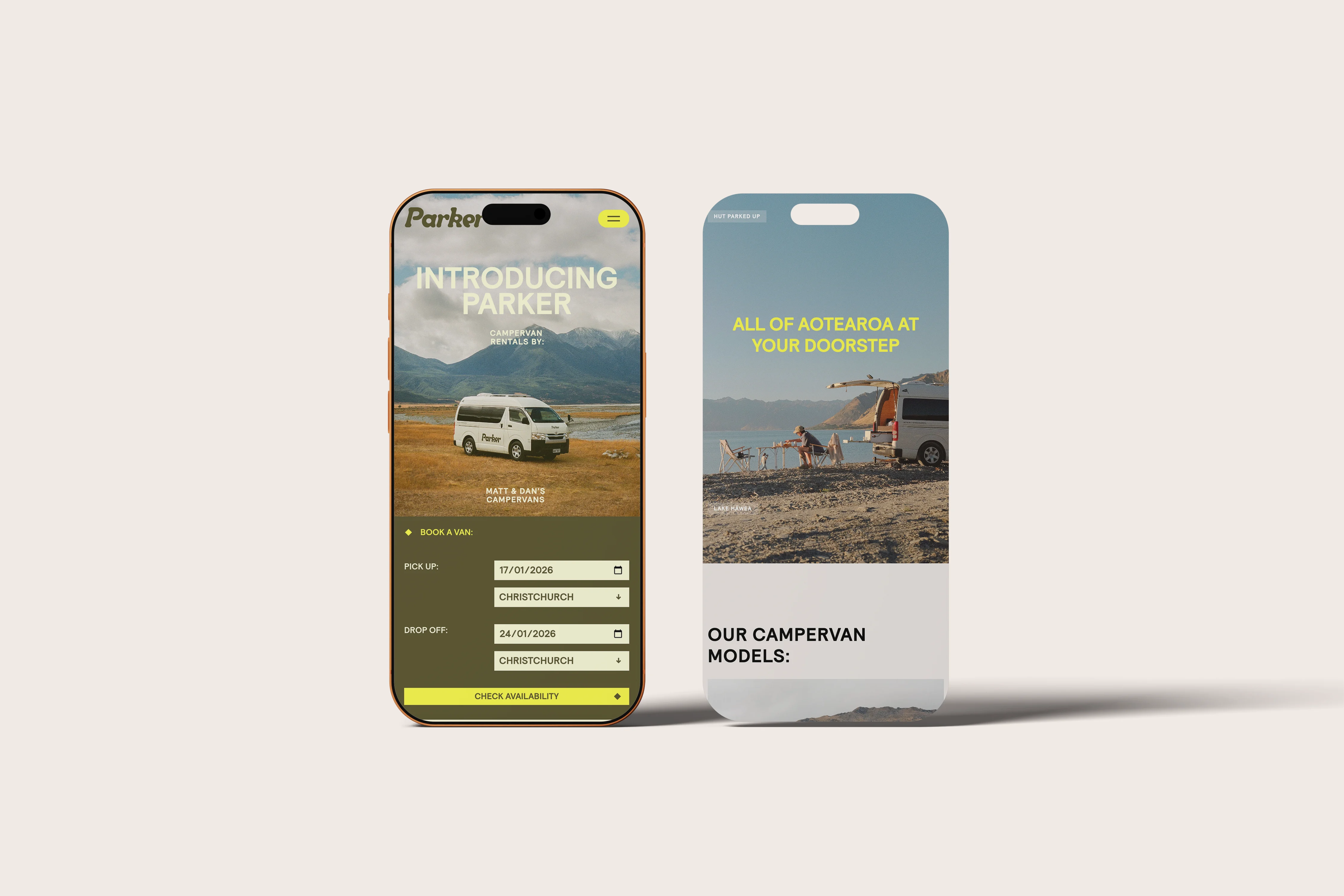 Two phone screens showing Parker campervan rental app with booking form and campervan by lake image.