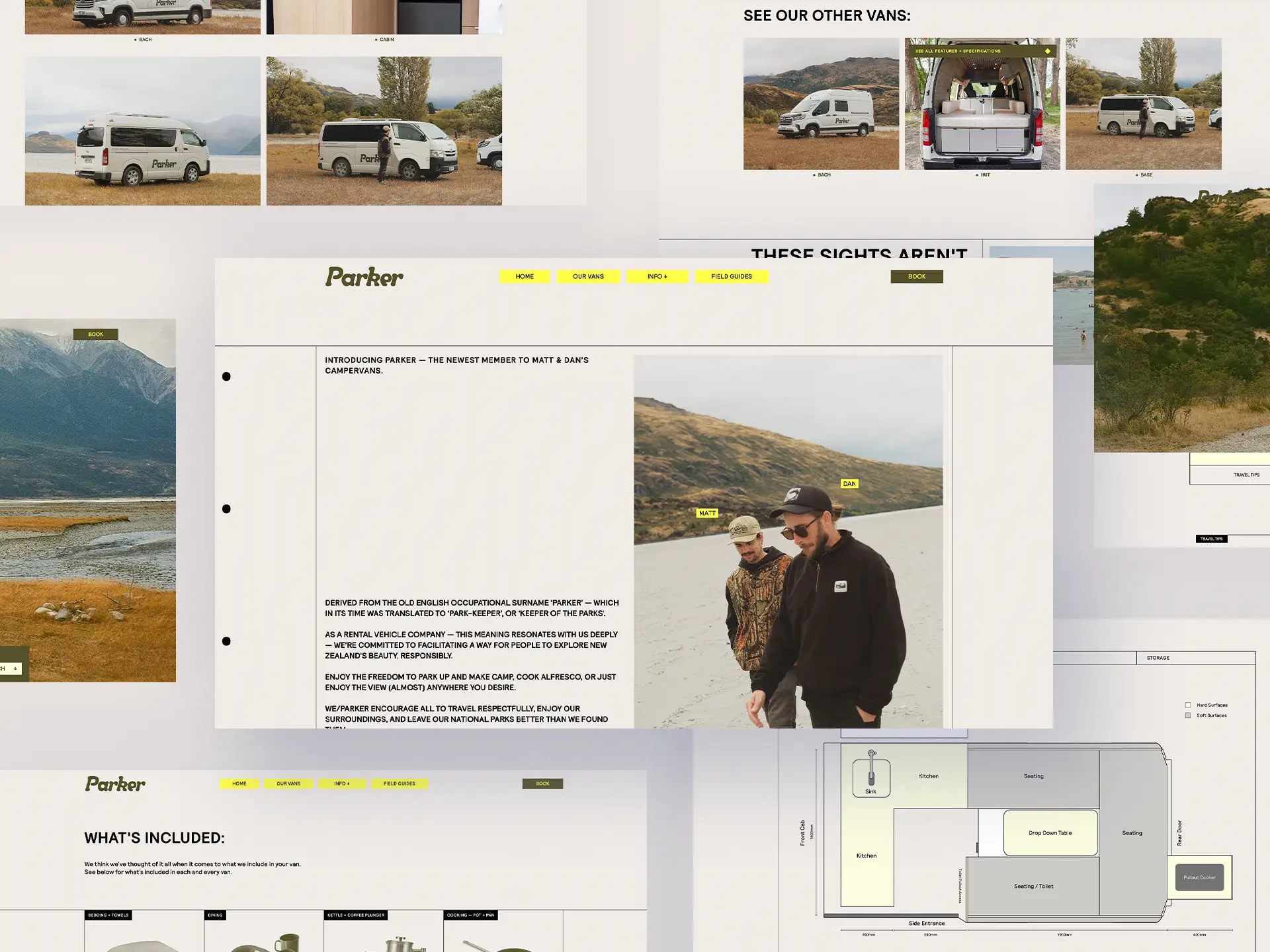 Website layout showing Parker campervan info, images of two men outdoors, van photos, and floor plan diagram.