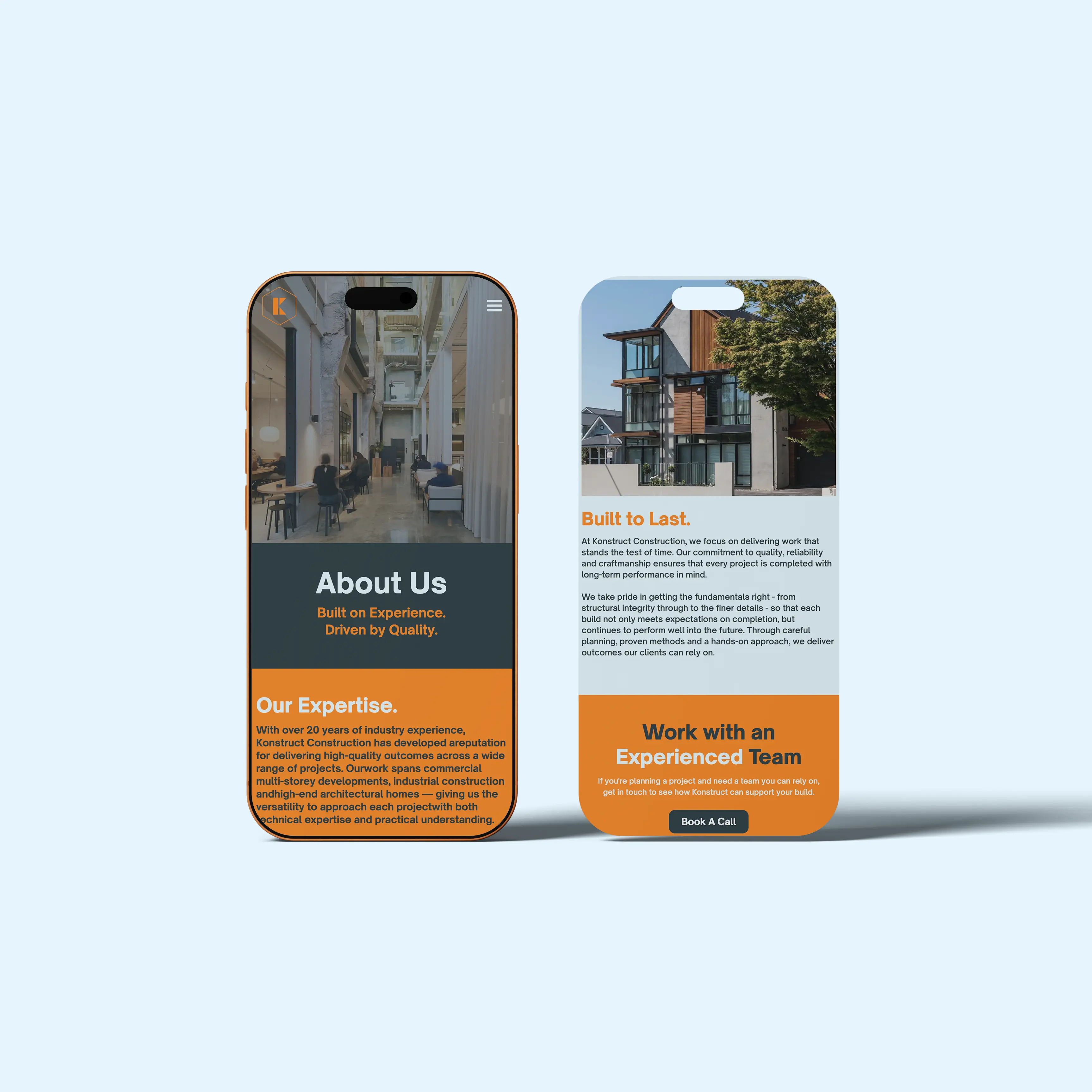 Two smartphone screens show Konstruct Construction's about us and team info with images and text sections.