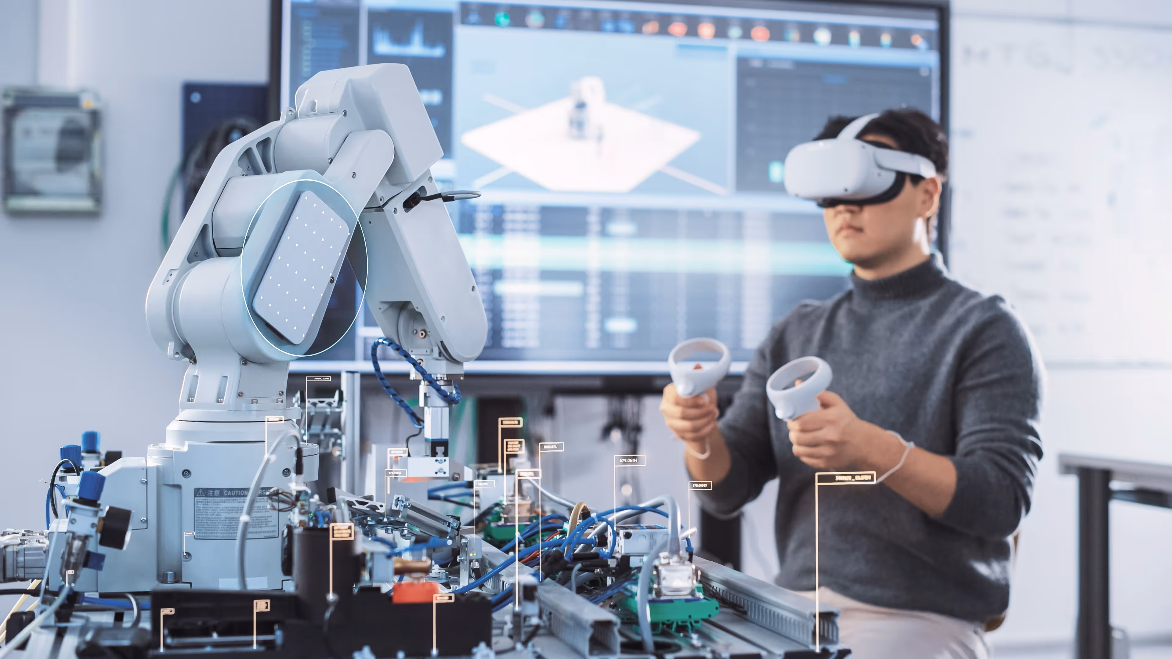 Junge Frau testet inmitten einer modernen Produktion eine 3D-Simulation einer Roboteranwendung von nexxos automation mittels einer Virtual Reality Brille