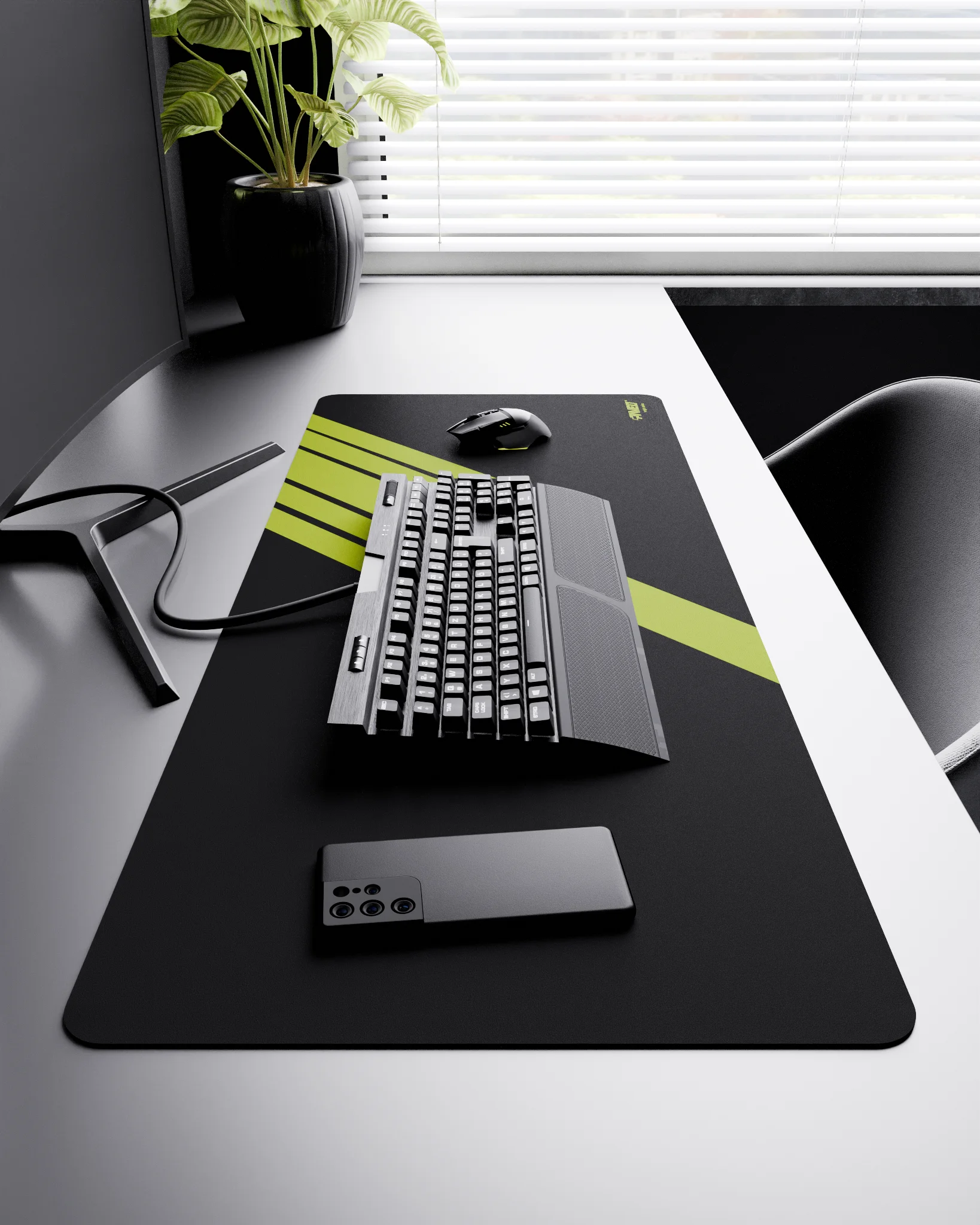 Side view of Night Toxic Blade Runner XXL deskmat 1000mm x 400mm right-handed layout on minimalist desk with gaming accessories, featuring light green diagonal stripe design, water-resistant easy-to-clean surface, ultra-lightweight and odour-free base.