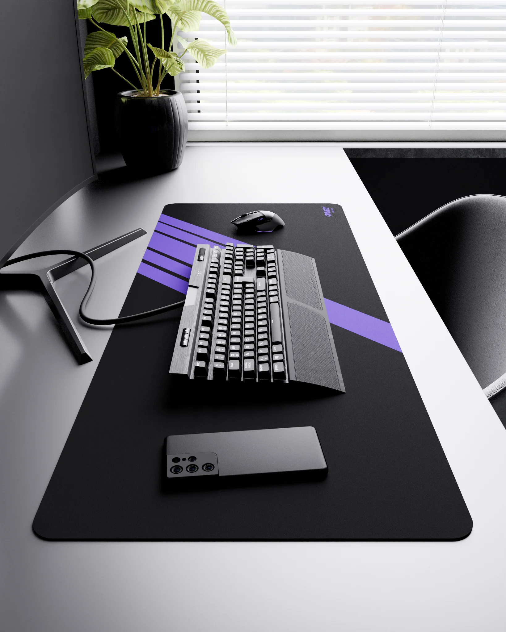 Side view of Night Amethyst Blade Runner XXL deskmat 1000mm x 400mm right-handed layout on minimalist desk with gaming accessories, featuring purple diagonal stripe design, water-resistant easy-to-clean surface, ultra-lightweight and odour-free base.