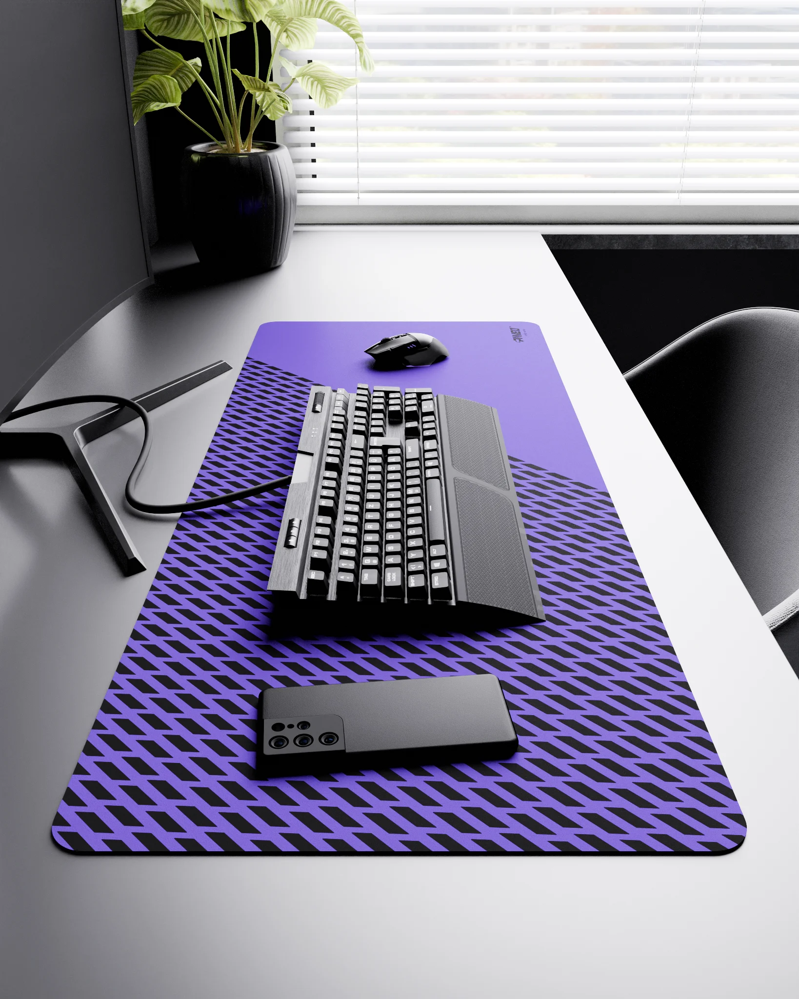 Side view of Amethyst Panther XXL deskmat 1000mm x 400mm right-handed layout on minimalist desk with gaming accessories, featuring purple diagonal split design with geometric panther spot pattern, water-resistant easy-to-clean surface, ultra-lightweight an