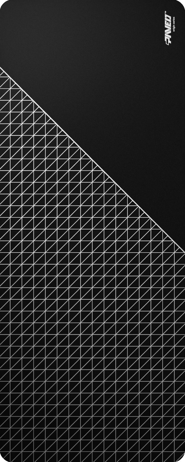 Extra Large PAVED™ Origins Night Net Runner gaming deskmat featuring minimalistic dense geometric net pattern in white and black, 1000mm x 400mm, available in right-handed and left-handed variants, customizable water-resistant hydrophobic or antimicrobial polyester surface with easy-to-clean finish and odour-free AreoFlex microruber base, 600% lighter than traditional mousepads.