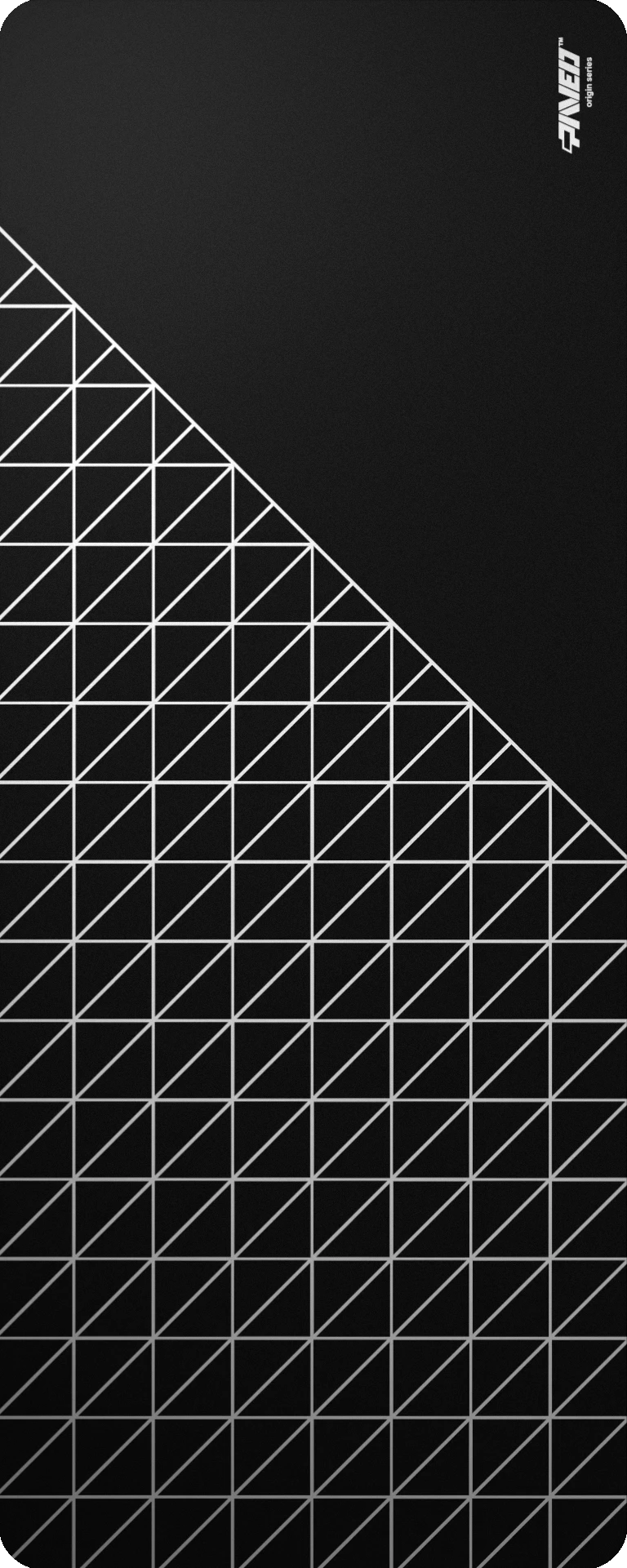 Extra Large PAVED™ Origins Night Grid Runner gaming deskmat featuring minimalistic geometric grid pattern in white and black, 1000mm x 400mm, available in right-handed and left-handed variants, customizable water-resistant hydrophobic or antimicrobial polyester surface with easy-to-clean finish and odour-free AreoFlex microruber base, 600% lighter than traditional mousepads.