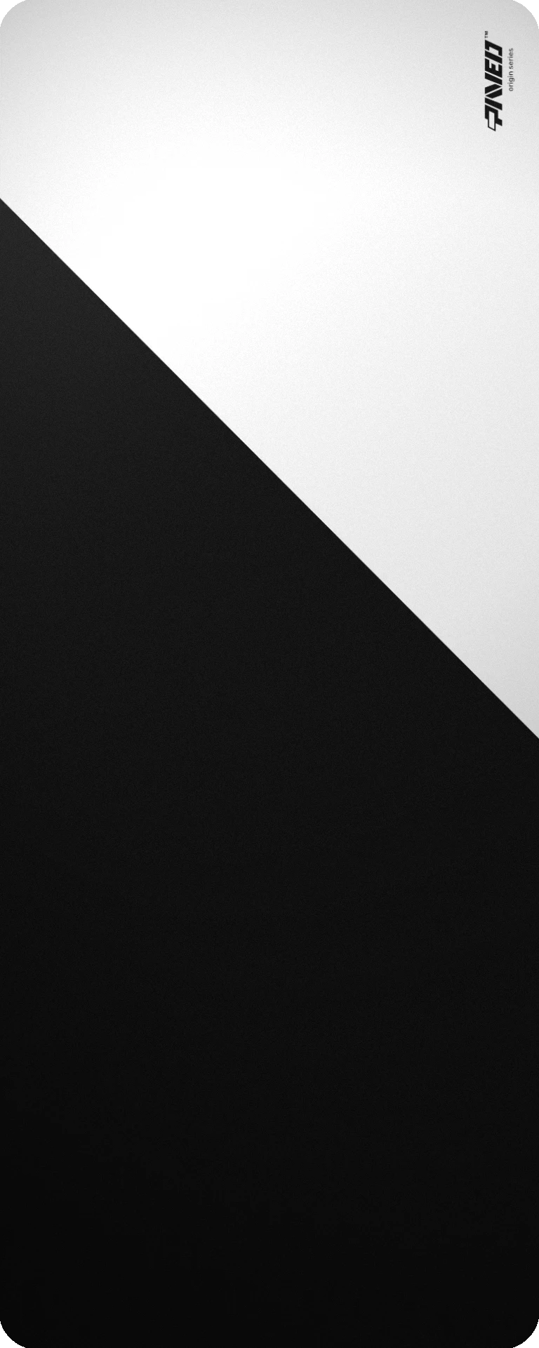 Extra Large PAVED™ Origins Polar Edge Runner gaming deskmat featuring minimalistic diagonal split design in white and black, 1000mm x 400mm, available in right-handed and left-handed variants, customizable water-resistant hydrophobic or antimicrobial polyester surface with easy-to-clean finish and odour-free AreoFlex microruber base, 600% lighter than traditional mousepads.