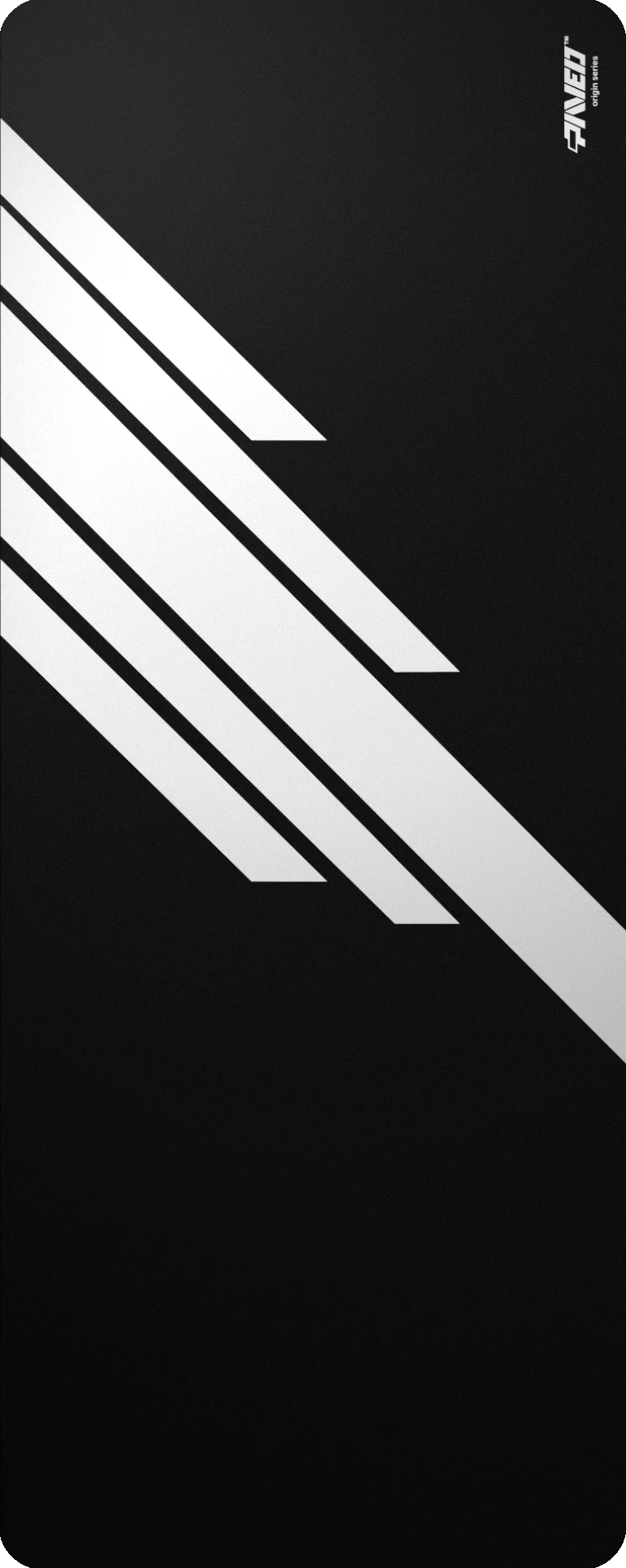 Extra Large PAVED™ Origins Night Blade Runner gaming deskmat featuring minimalistic diagonal stripe design in white and black, 1000mm x 400mm, available in right-handed and left-handed variants, customizable water-resistant hydrophobic or antimicrobial polyester surface with easy-to-clean finish and odour-free AreoFlex microruber base, 600% lighter than traditional mousepads.