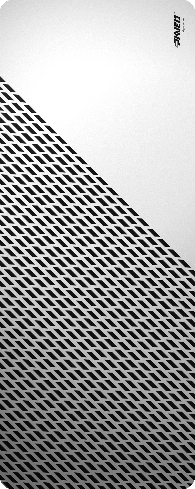 Extra Large PAVED™ Origins Polar Panther gaming deskmat featuring minimalistic diagonal split design with geometric panther spot pattern in white and black, 1000mm x 400mm, available in right-handed and left-handed variants, customizable water-resistant hydrophobic or antimicrobial polyester surface with easy-to-clean finish and odour-free AreoFlex microruber base, 600% lighter than traditional mousepads.