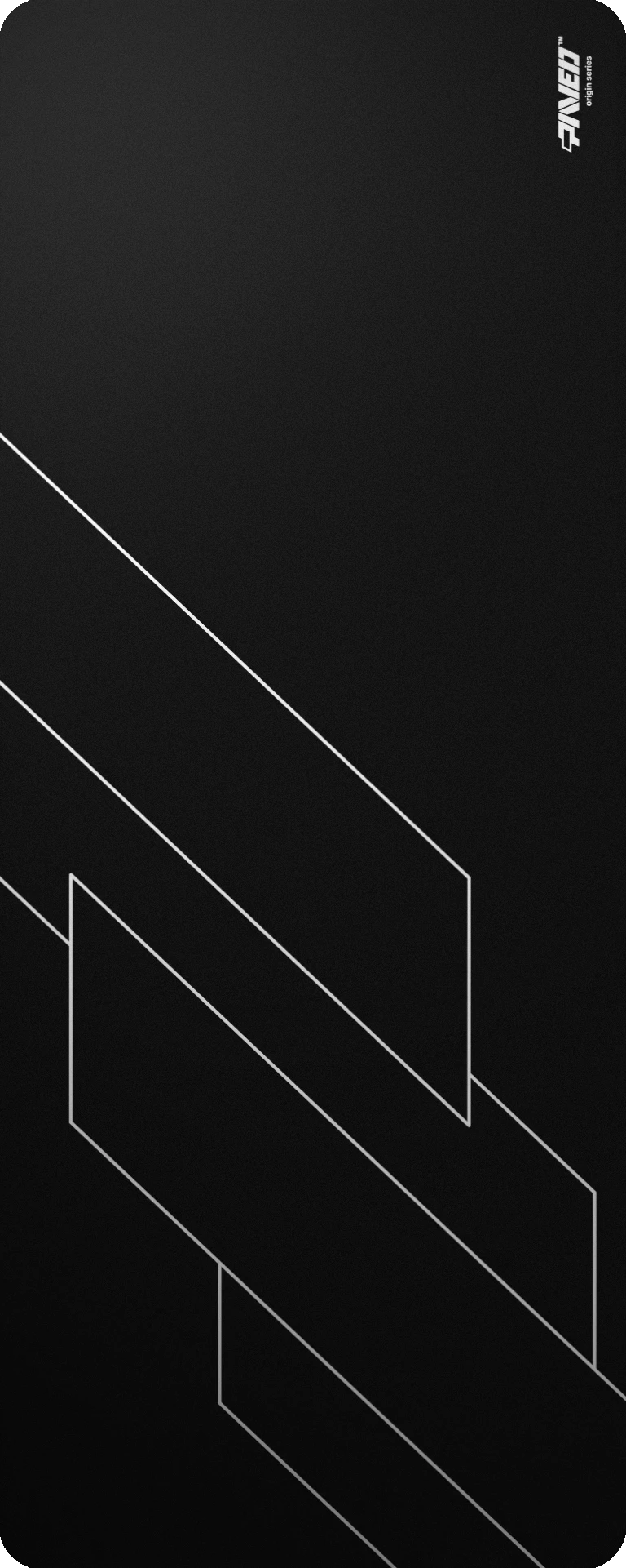 Extra Large PAVED™ Origins Night Formula gaming deskmat featuring minimalistic geometric angular line pattern in white and black, 1000mm x 400mm, available in right-handed and left-handed variants, customizable water-resistant hydrophobic or antimicrobial polyester surface with easy-to-clean finish and odour-free AreoFlex microruber base, 600% lighter than traditional mousepads.