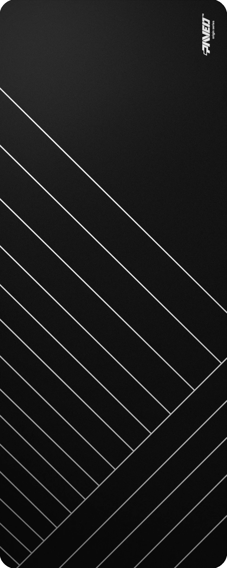 Extra Large PAVED Origins Night Zebra gaming deskmat featuring minimalistic diagonal stripe pattern in white and black, 1000mm x 400mm, available in right-handed and left-handed variants, customizable water-resistant hydrophobic or antimicrobial polyester surface with easy-to-clean finish and odour-free AreoFlex microruber base, 600% lighter than traditional mousepads.