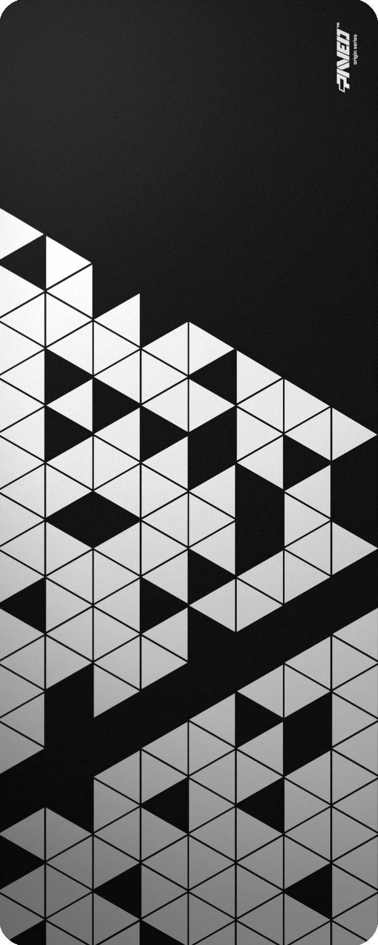 Extra Large PAVED Origins Night Prism gaming deskmat featuring minimalistic geometric triangular pattern in white and black, 1000mm x 400mm, available in right-handed and left-handed variants, customizable water-resistant hydrophobic or antimicrobial polyester surface with easy-to-clean finish and odour-free AreoFlex microruber base, 600% lighter than traditional mousepads.