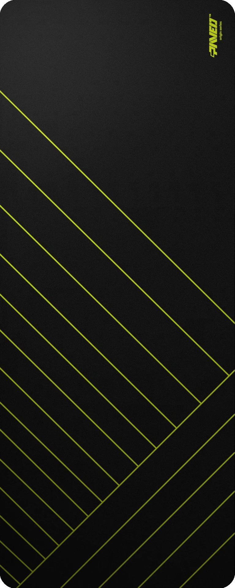 Extra Large PAVED Origins Night Toxic Zebra gaming deskmat featuring minimalistic diagonal stripe pattern in light green and black, 1000mm x 400mm, available in right-handed and left-handed variants, customizable water-resistant hydrophobic or antimicrobial polyester surface with easy-to-clean finish and odour-free AreoFlex microruber base, 600% lighter than traditional mousepads.