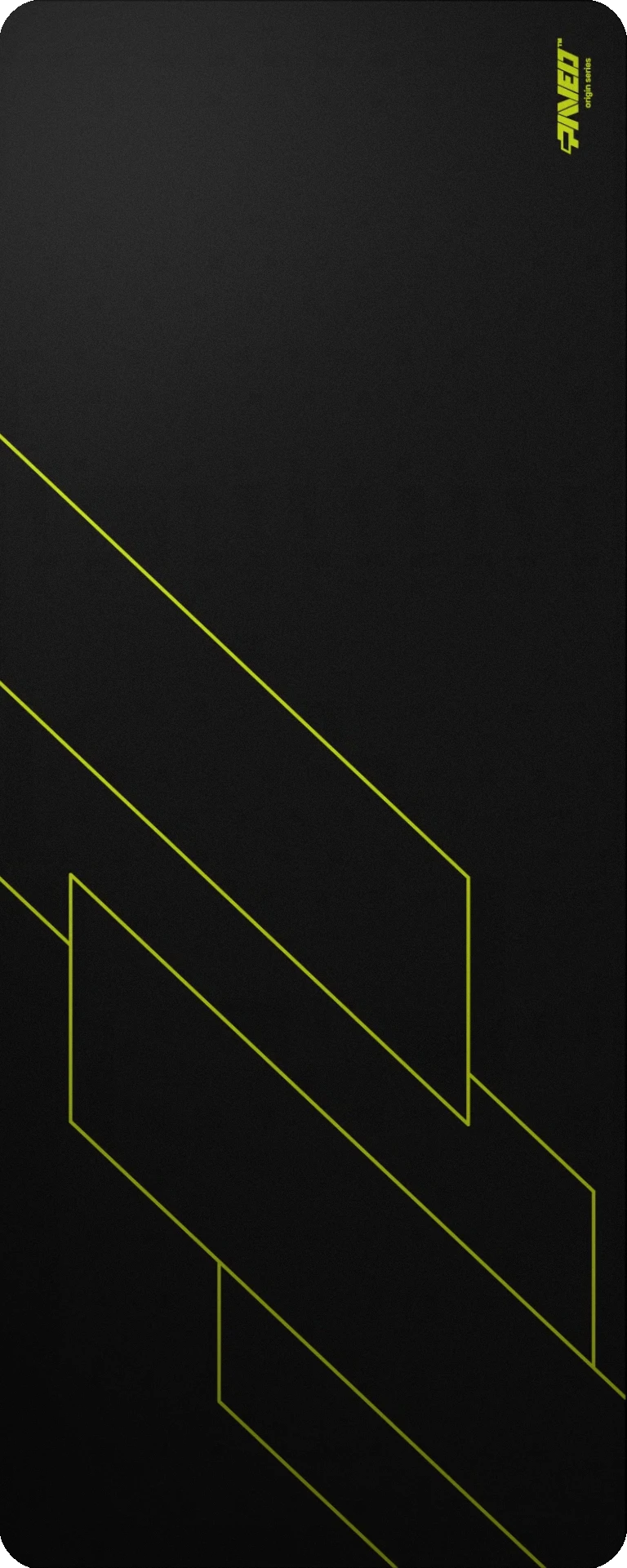 Extra Large PAVED™ Origins Night Toxic Formula gaming deskmat featuring minimalistic geometric angular line pattern in light green and black, 1000mm x 400mm, available in right-handed and left-handed variants, customizable water-resistant hydrophobic or antimicrobial polyester surface with easy-to-clean finish and odour-free AreoFlex microruber base, 600% lighter than traditional mousepads.
