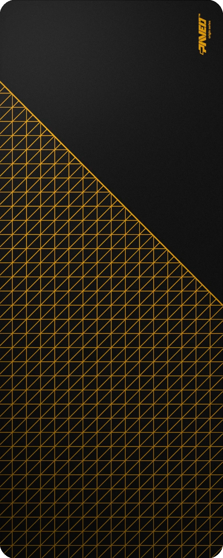 Extra Large PAVED™ Origins Night Desert Net Runner gaming deskmat featuring minimalistic dense geometric net pattern in deep yellow and black, 1000mm x 400mm, available in right-handed and left-handed variants, customizable water-resistant hydrophobic or antimicrobial polyester surface with easy-to-clean finish and odour-free AreoFlex microruber base, 600% lighter than traditional mousepads.