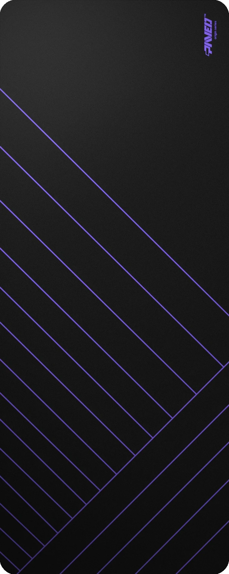Extra Large PAVED™ Origins Night Amethyst Zebra gaming deskmat featuring minimalistic diagonal stripe pattern in purple and black, 1000mm x 400mm, available in right-handed and left-handed variants, customizable water-resistant hydrophobic or antimicrobial polyester surface with easy-to-clean finish and odour-free AreoFlex microruber base, 600% lighter than traditional mousepads.