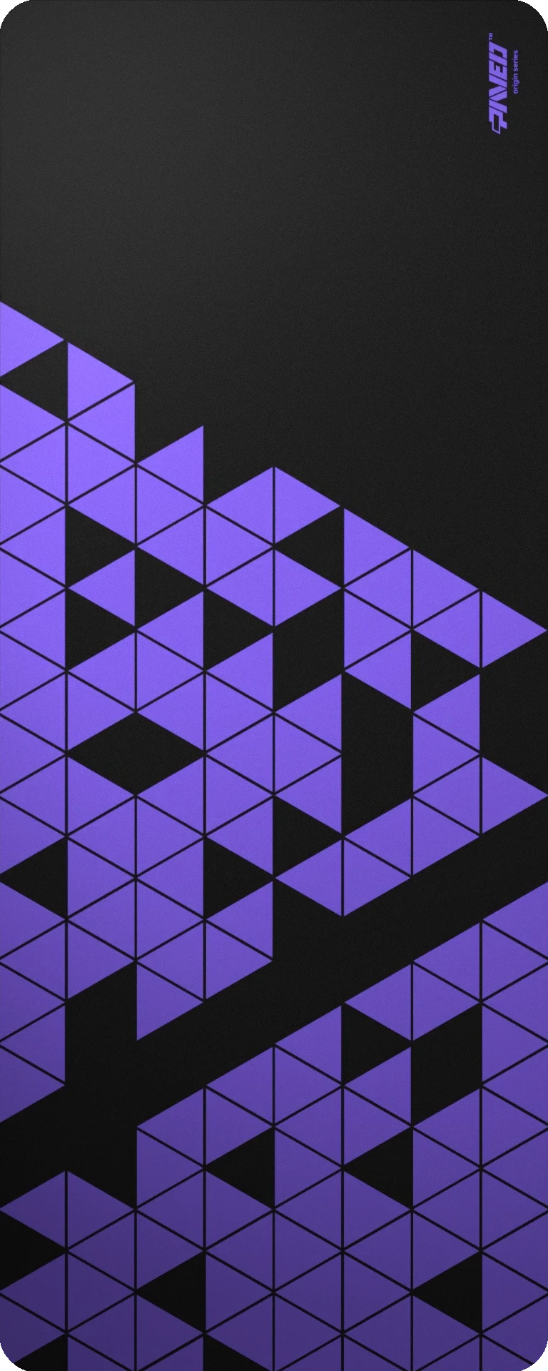 Extra Large PAVED Origins Night Amethyst Prism gaming deskmat featuring minimalistic geometric triangular pattern in purple and black, 1000mm x 400mm, available in right-handed and left-handed variants, customizable water-resistant hydrophobic or antimicrobial polyester surface with easy-to-clean finish and odour-free AreoFlex microruber base, 600% lighter than traditional mousepads.
