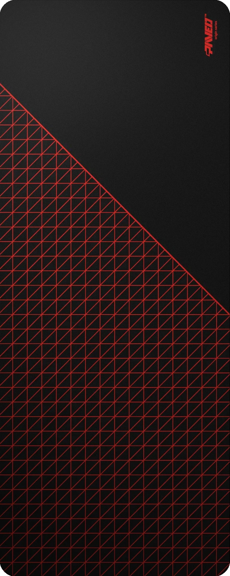 Extra Large PAVED™ Origins Night Imperial Net Runner gaming deskmat featuring minimalistic dense geometric net pattern in red and black, 1000mm x 400mm, available in right-handed and left-handed variants, customizable water-resistant hydrophobic or antimicrobial polyester surface with easy-to-clean finish and odour-free AreoFlex microruber base, 600% lighter than traditional mousepads.