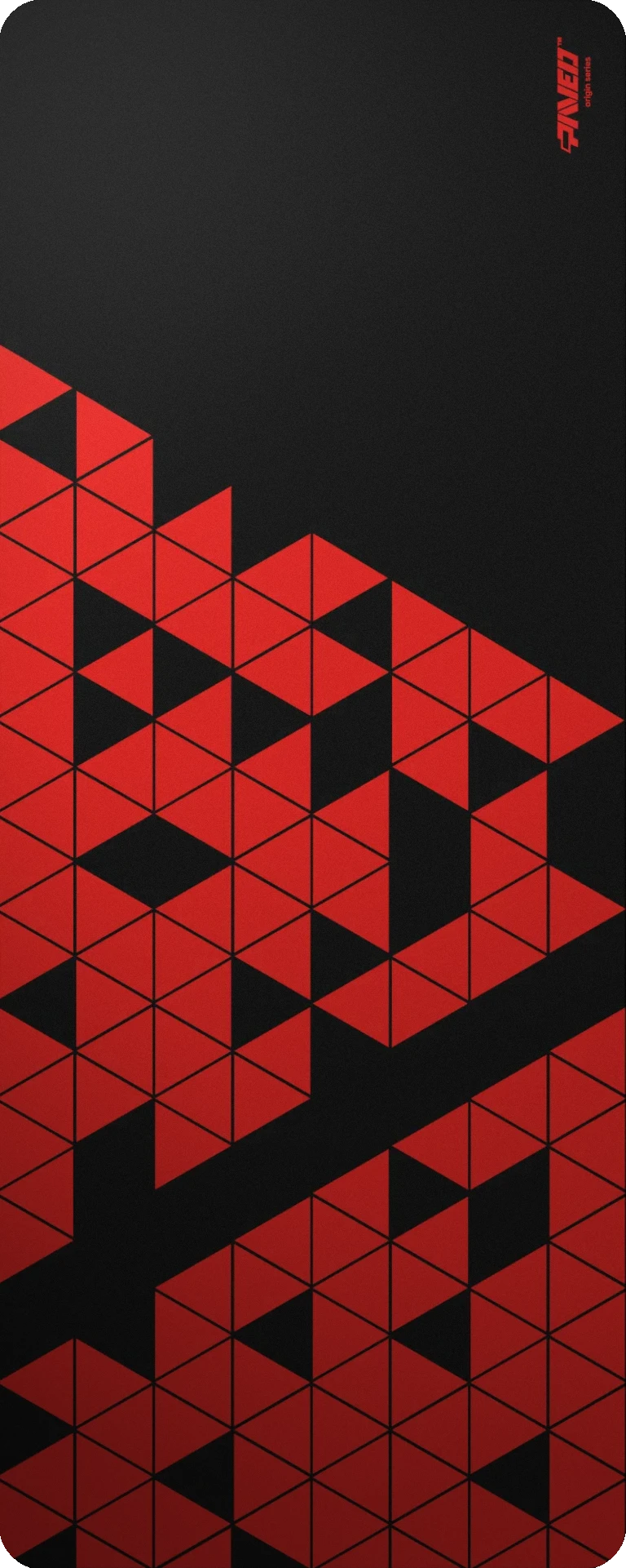 Extra Large PAVED Origins Night Imperial Prism gaming deskmat featuring minimalistic geometric triangular pattern in red and black, 1000mm x 400mm, available in right-handed and left-handed variants, customizable water-resistant hydrophobic or antimicrobial polyester surface with easy-to-clean finish and odour-free AreoFlex microruber base, 600% lighter than traditional mousepads.