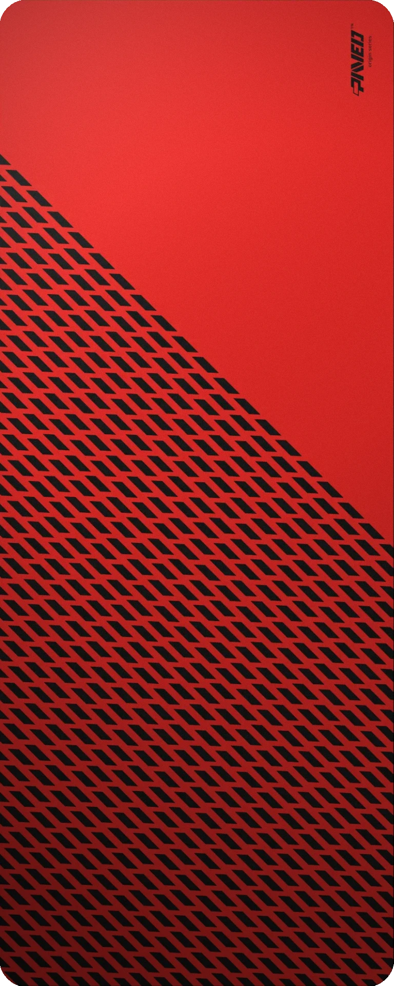 Extra Large PAVED™ Origins Imperial Panther gaming deskmat featuring minimalistic diagonal split design with geometric panther spot pattern in red and black, 1000mm x 400mm, available in right-handed and left-handed variants, customizable water-resistant hydrophobic or antimicrobial polyester surface with easy-to-clean finish and odour-free AreoFlex microruber base, 600% lighter than traditional mousepads.