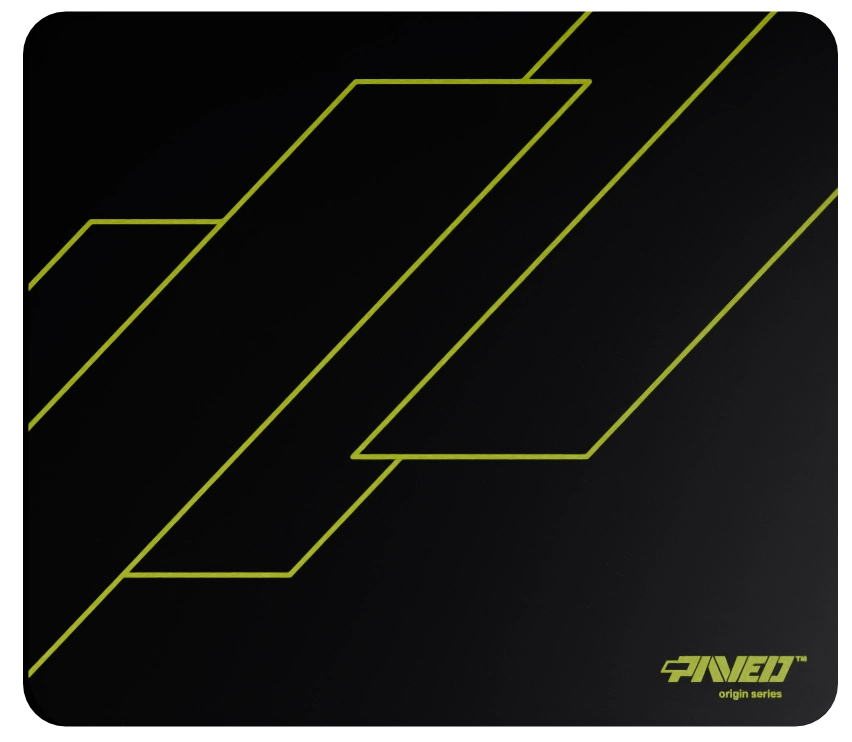 Medium PAVED™ Origins Night Toxic Formula gaming mousepad featuring minimalistic geometric angular line pattern in light green and black, 360mm x 320mm, available in right-handed and left-handed variants, customizable water-resistant hydrophobic or antimicrobial polyester surface with easy-to-clean finish and odour-free AreoFlex microruber base, 600% lighter than traditional mousepads.