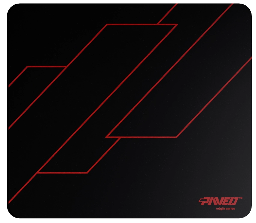 Medium PAVED™ Origins Night Imperial Formula gaming mousepad featuring minimalistic geometric angular line pattern in red and black, 360mm x 320mm, available in right-handed and left-handed variants, customizable water-resistant hydrophobic or antimicrobial polyester surface with easy-to-clean finish and odour-free AreoFlex microruber base, 600% lighter than traditional mousepads.