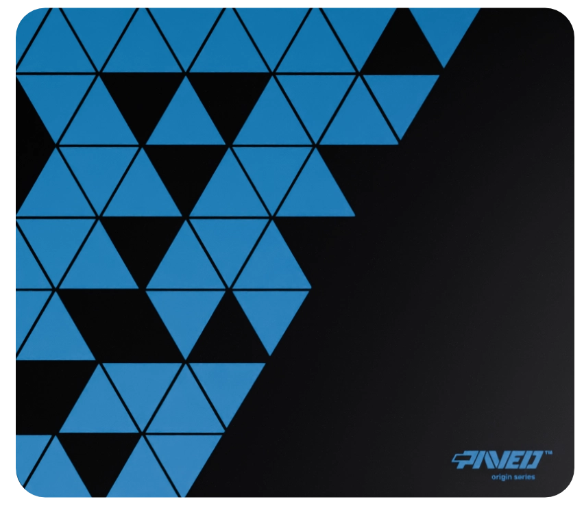 Medium size PAVED™ Origins Night Sky Prism gaming mousepad featuring minimalistic geometric triangular pattern in sky blue and black, 360mm x 320mm, available in right-handed and left-handed variants, customizable water-resistant hydrophobic or antimicrobial polyester surface with easy-to-clean finish and odour-free AreoFlex microruber base, 600% lighter than traditional mousepads.