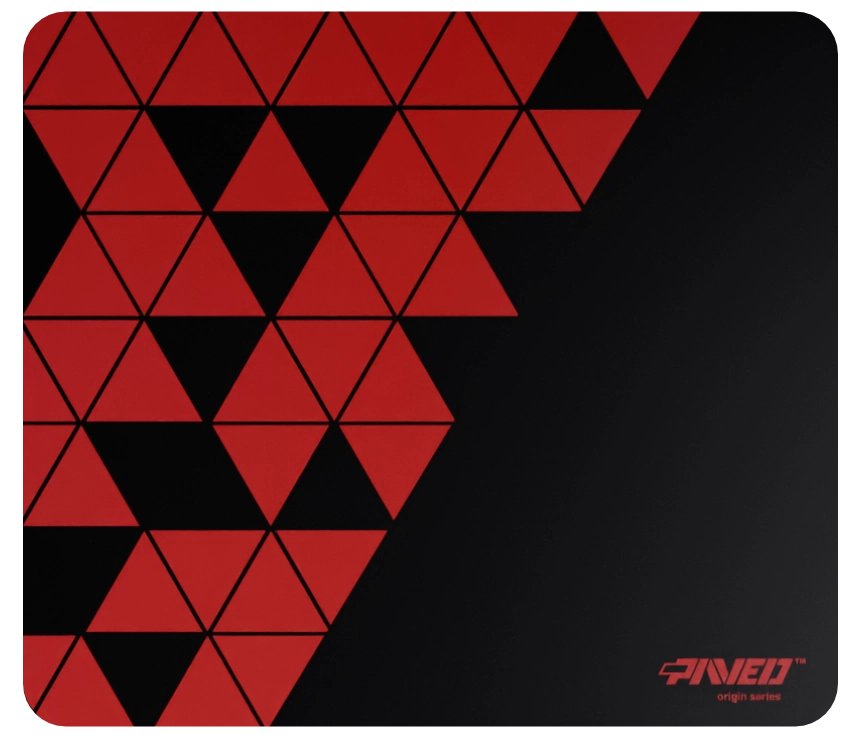 Medium PAVED Origins Night Imperial Prism gaming deskmat featuring minimalistic geometric triangular pattern in red and black, 360mm x 320mm, available in right-handed and left-handed variants, customizable water-resistant hydrophobic or antimicrobial polyester surface with easy-to-clean finish and odour-free AreoFlex microruber base, 600% lighter than traditional mousepads.