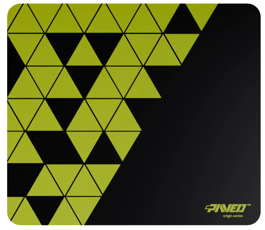 Medium PAVED Origins Night Toxic Prism gaming deskmat featuring minimalistic geometric triangular pattern in light green and black, 360mm x 320mm, available in right-handed and left-handed variants, customizable water-resistant hydrophobic or antimicrobial polyester surface with easy-to-clean finish and odour-free AreoFlex microruber base, 600% lighter than traditional mousepads.