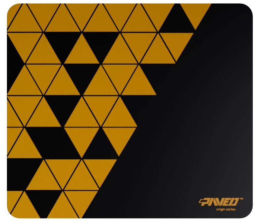Medium PAVED Origins Night Desert Prism gaming deskmat featuring minimalistic geometric triangular pattern in deep yellow and black, 360mm x 320mm, available in right-handed and left-handed variants, customizable water-resistant hydrophobic or antimicrobial polyester surface with easy-to-clean finish and odour-free AreoFlex microruber base, 600% lighter than traditional mousepads.