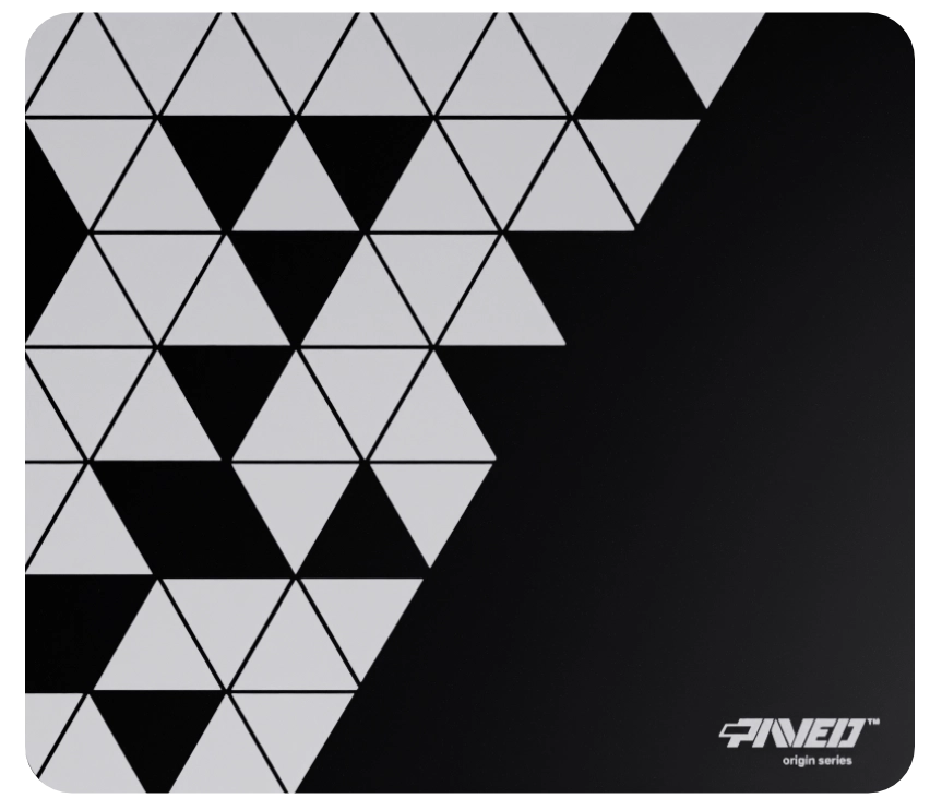 Medium PAVED Origins Night Prism gaming deskmat featuring minimalistic geometric triangular pattern in white and black, 360mm x 320mm, available in right-handed and left-handed variants, customizable water-resistant hydrophobic or antimicrobial polyester surface with easy-to-clean finish and odour-free AreoFlex microruber base, 600% lighter than traditional mousepads.