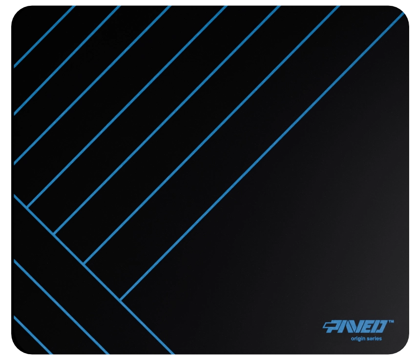 Medium PAVED Origins Night Sky Zebra gaming deskmat featuring minimalistic diagonal stripe pattern in blue and black, 360mm x 320mm, available in right-handed and left-handed variants, customizable water-resistant hydrophobic or antimicrobial polyester surface with easy-to-clean finish and odour-free AreoFlex microruber base, 600% lighter than traditional mousepads.
