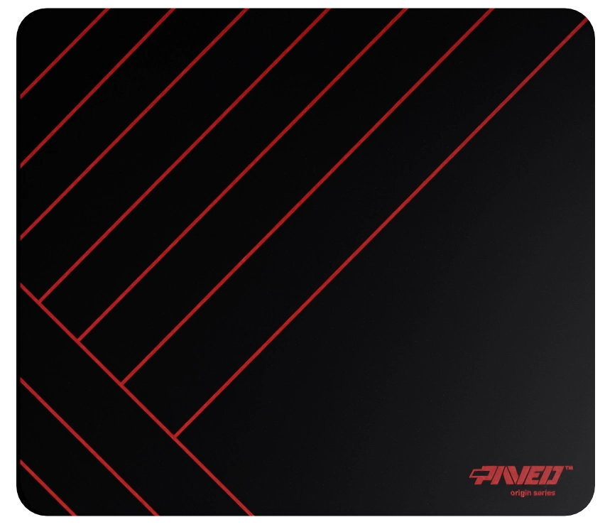 Medium PAVED Origins Night Imperial Zebra gaming mousepad featuring minimalistic diagonal stripe pattern in red and black, 360mm x 320mm, available in right-handed and left-handed variants, customizable water-resistant hydrophobic or antimicrobial polyester surface with easy-to-clean finish and odour-free AreoFlex microruber base, 600% lighter than traditional mousepads.