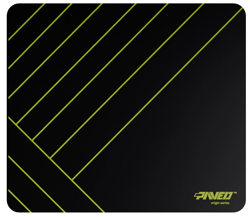 Medium PAVED Origins Night Toxic Zebra gaming mousepad featuring minimalistic diagonal stripe pattern in light green and black, 360mm x 320mm, available in right-handed and left-handed variants, customizable water-resistant hydrophobic or antimicrobial polyester surface with easy-to-clean finish and odour-free AreoFlex microruber base, 600% lighter than traditional mousepads.