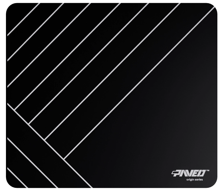 Medium PAVED Origins Night Zebra gaming mousepad featuring minimalistic diagonal stripe pattern in white and black, 360mm x 320mm, available in right-handed and left-handed variants, customizable water-resistant hydrophobic or antimicrobial polyester surface with easy-to-clean finish and odour-free AreoFlex microruber base, 600% lighter than traditional mousepads.