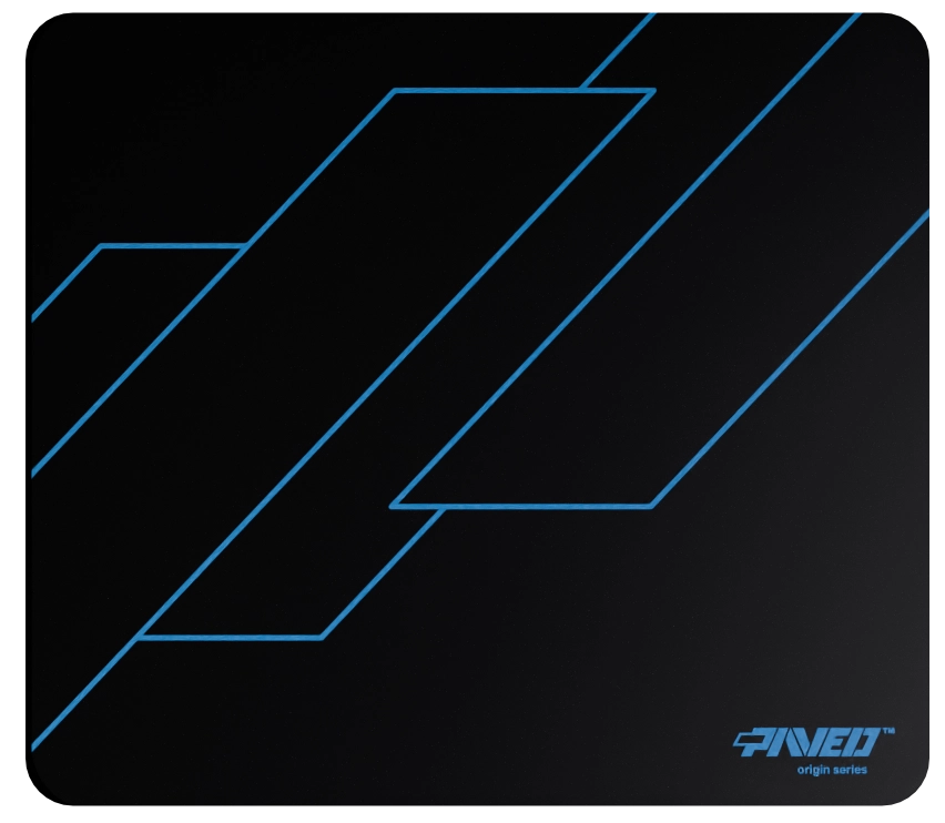 Medium PAVED™ Origins Night Sky Formula gaming mousepad featuring minimalistic geometric angular line pattern in blue and black, 360mm x 320mm, available in right-handed and left-handed variants, customizable water-resistant hydrophobic or antimicrobial polyester surface with easy-to-clean finish and odour-free AreoFlex microruber base, 600% lighter than traditional mousepads.