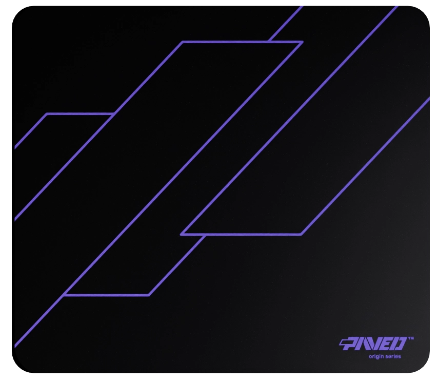 Medium PAVED™ Origins Night Amethyst Formula gaming mousepad featuring minimalistic geometric angular line pattern in purple and black, 360mm x 320mm, available in right-handed and left-handed variants, customizable water-resistant hydrophobic or antimicrobial polyester surface with easy-to-clean finish and odour-free AreoFlex microruber base, 600% lighter than traditional mousepads.