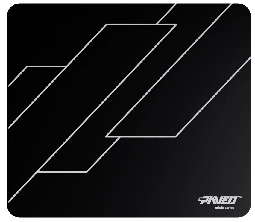 Medium PAVED™ Origins Night Formula gaming mousepad featuring minimalistic geometric angular line pattern in white and black, 360mm x 320mm, available in right-handed and left-handed variants, customizable water-resistant hydrophobic or antimicrobial polyester surface with easy-to-clean finish and odour-free AreoFlex microruber base, 600% lighter than traditional mousepads.