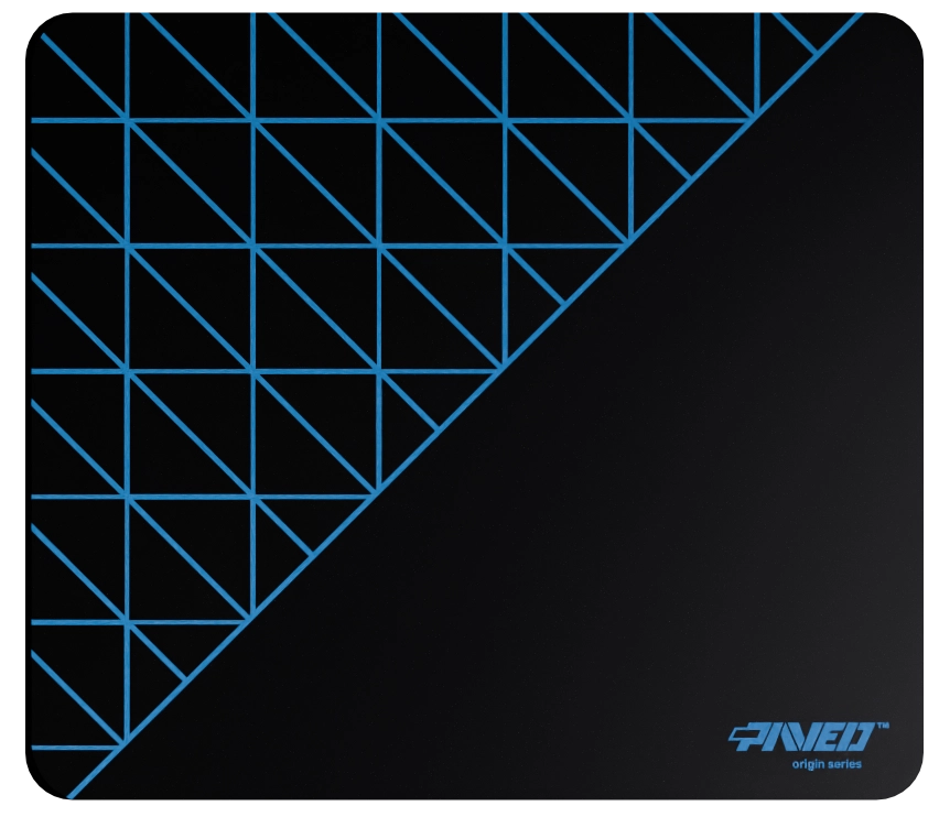 Medium PAVED Origins Night Sky Grid Runner gaming mousepad featuring minimalistic geometric grid pattern in blue and black, 360mm x 320mm, available in right-handed and left-handed variants, customizable water-resistant hydrophobic or antimicrobial polyester surface with easy-to-clean finish and odour-free AreoFlex microruber base, 600% lighter than traditional mousepads.