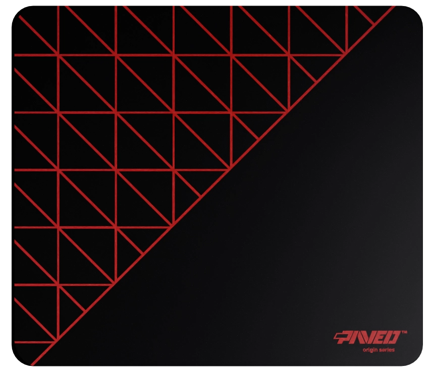 Medium PAVED Origins Night Imperial Grid Runner gaming mousepad featuring minimalistic geometric grid pattern in red and black, 360mm x 320mm, available in right-handed and left-handed variants, customizable water-resistant hydrophobic or antimicrobial polyester surface with easy-to-clean finish and odour-free AreoFlex microruber base, 600% lighter than traditional mousepads.
