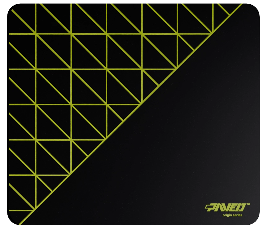 Medium PAVED Origins Night Toxic Grid Runner gaming mousepad featuring minimalistic geometric grid pattern in light green and black, 360mm x 320mm, available in right-handed and left-handed variants, customizable water-resistant hydrophobic or antimicrobial polyester surface with easy-to-clean finish and odour-free AreoFlex microruber base, 600% lighter than traditional mousepads.