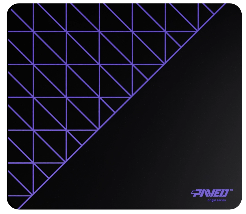 Medium PAVED Origins Night Amethyst Grid Runner gaming mousepad featuring minimalistic geometric grid pattern in purple and black, 360mm x 320mm, available in right-handed and left-handed variants, customizable water-resistant hydrophobic or antimicrobial polyester surface with easy-to-clean finish and odour-free AreoFlex microruber base, 600% lighter than traditional mousepads.