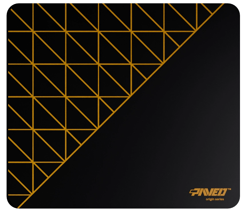 Medium PAVED™ Origins Night Desert Grid Runner gaming mousepad featuring minimalistic geometric grid pattern in deep yellow and black, 360mm x 320mm, available in right-handed and left-handed variants, customizable water-resistant hydrophobic or antimicrobial polyester surface with easy-to-clean finish and odour-free AreoFlex microruber base, 600% lighter than traditional mousepads.