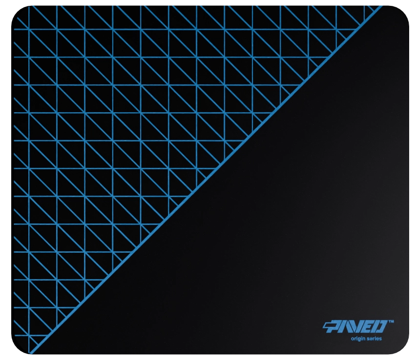 Medium PAVED™ Origins Night Sky Net Runner gaming mousepad featuring minimalistic dense geometric net pattern in blue and black, 360mm x 320mm, available in right-handed and left-handed variants, customizable water-resistant hydrophobic or antimicrobial polyester surface with easy-to-clean finish and odour-free AreoFlex microruber base, 600% lighter than traditional mousepads.