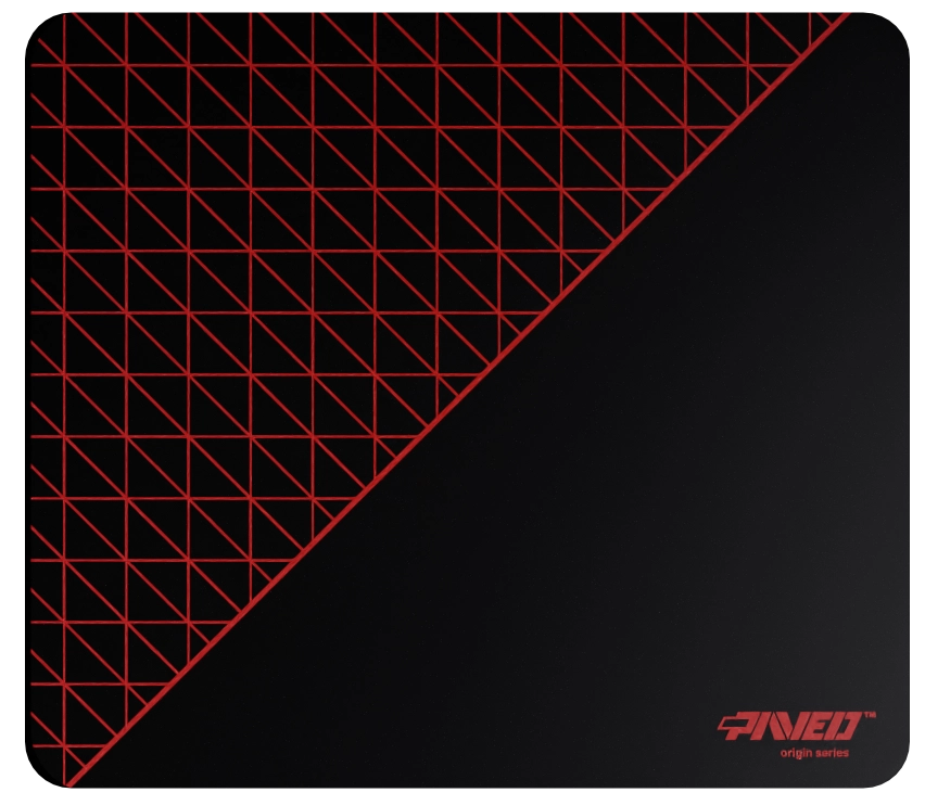 Medium PAVED™ Origins Night Imperial Net Runner gaming mousepad featuring minimalistic dense geometric net pattern in red and black, 360mm x 320mm, available in right-handed and left-handed variants, customizable water-resistant hydrophobic or antimicrobial polyester surface with easy-to-clean finish and odour-free AreoFlex microruber base, 600% lighter than traditional mousepads.