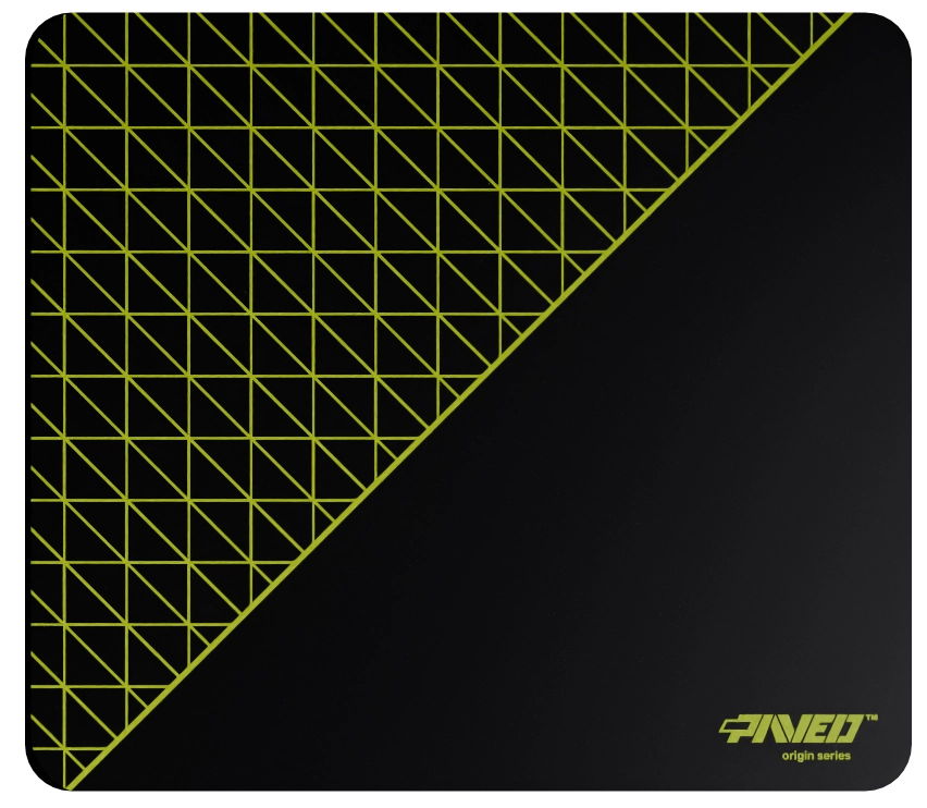 Medium PAVED™ Origins Night Toxic Net Runner gaming mousepad featuring minimalistic dense geometric net pattern in light green and black, 360mm x 320mm, available in right-handed and left-handed variants, customizable water-resistant hydrophobic or antimicrobial polyester surface with easy-to-clean finish and odour-free AreoFlex microruber base, 600% lighter than traditional mousepads.