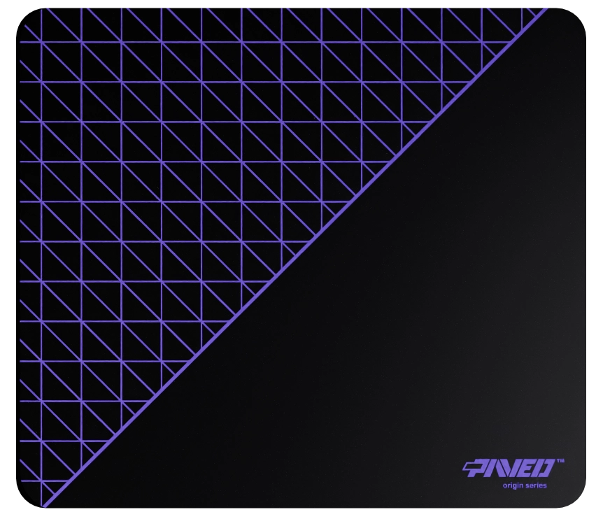 Medium PAVED™ Origins Night Amethyst Net Runner gaming mousepad featuring minimalistic dense geometric net pattern in purple and black, 360mm x 320mm, available in right-handed and left-handed variants, customizable water-resistant hydrophobic or antimicrobial polyester surface with easy-to-clean finish and odour-free AreoFlex microruber base, 600% lighter than traditional mousepads.